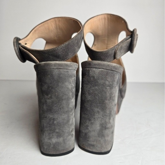 Prada Women's 6.5 Gray Suede Slingback Leather Chunky Heel Platform Sandal Heels